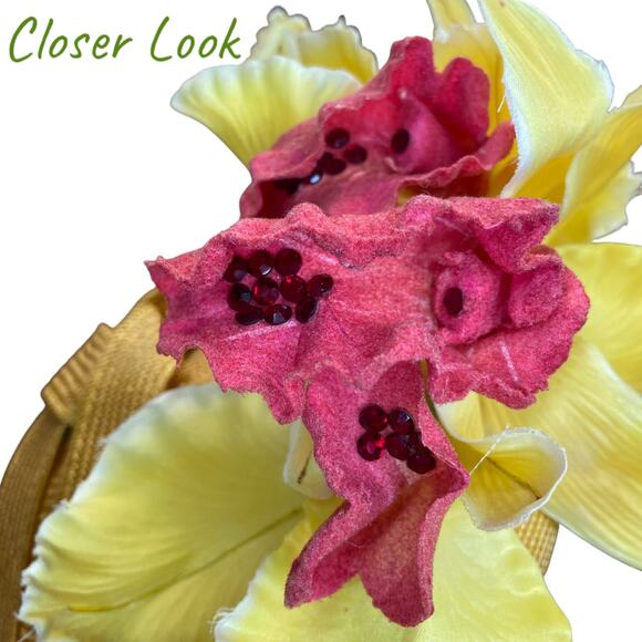 1980s Jack McConnell Yellow Tilt Hat | Vintage Floral Derby Church Hat main image 4